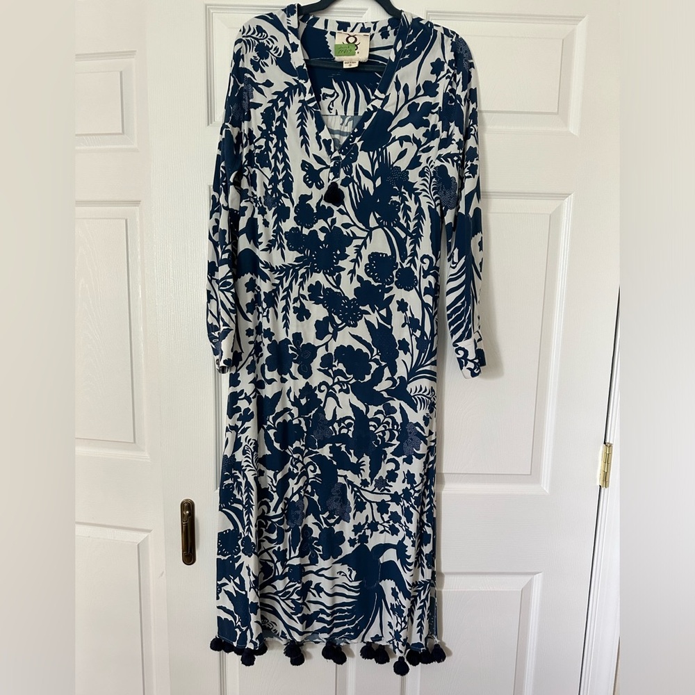 Figue blue and white tassel hem midi/maxi dress